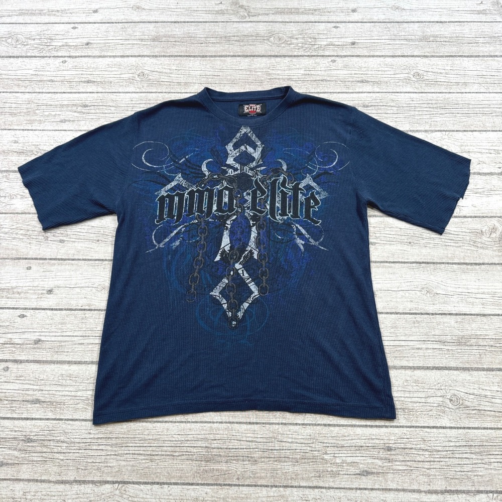Y2K MMA Elite Shirt Men's Medium Blue Thermal Waffle Knit Skater Cross Grunge